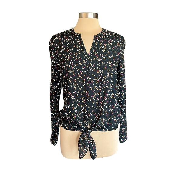 J. Jill Black Ditsy Leaf Print Tie Front Blouse Sz XS Casual Work Wear Career - Picture 1 of 9